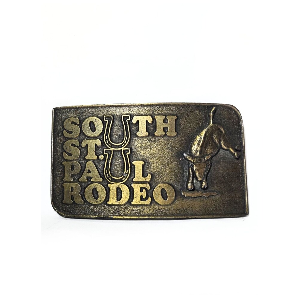 Vintage South St. Paul Rodeo Western Belt Buckle Bronze Tone Horse & Horseshoes